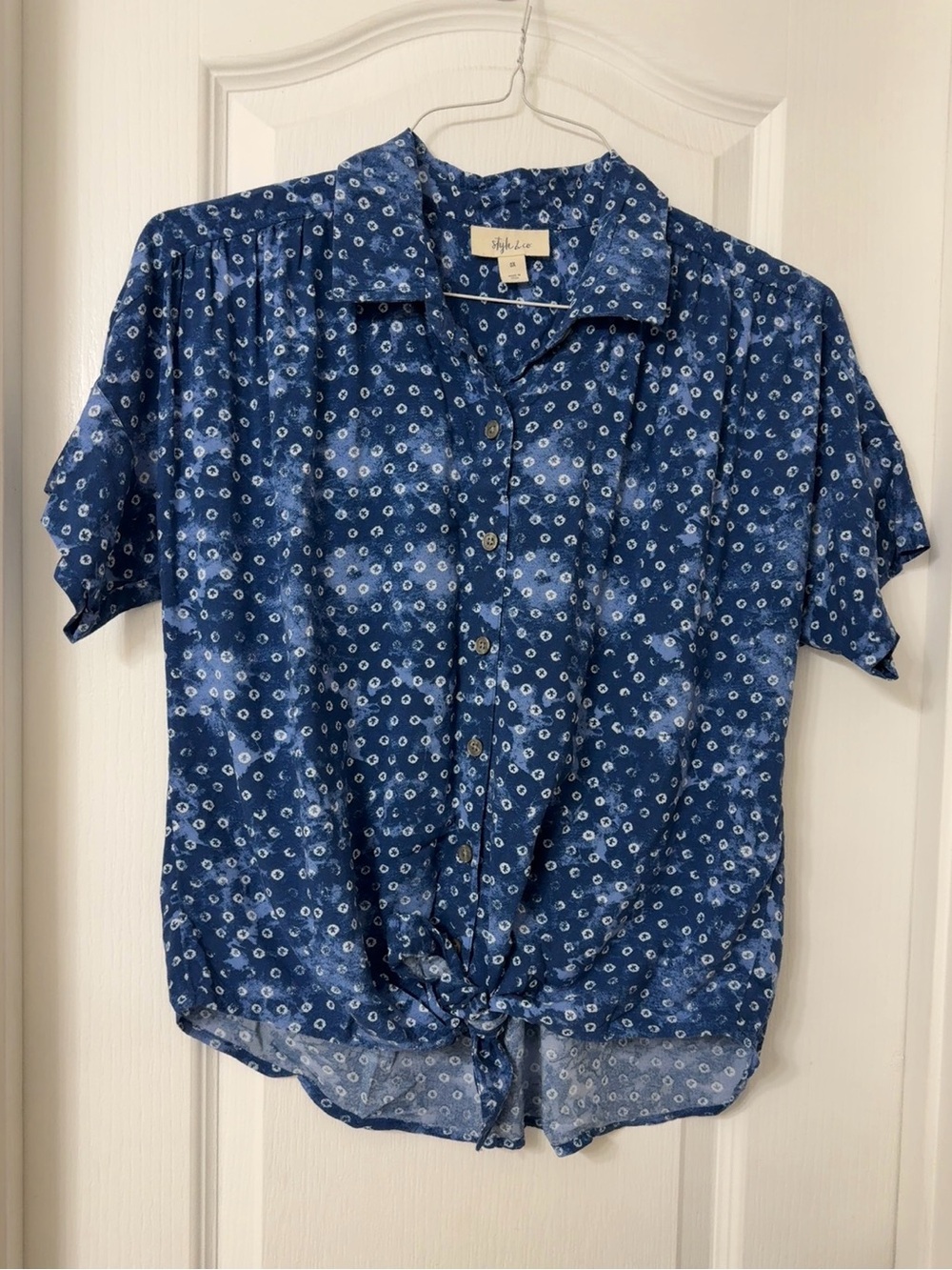 Style & Co. Blue Dot Print Tie Front short sleeve tie-dye Shirt button up 0X